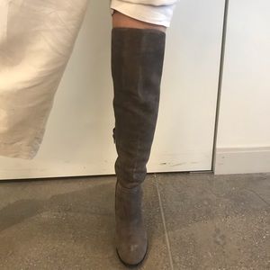 Grey Suede Knee High Heeled Boots